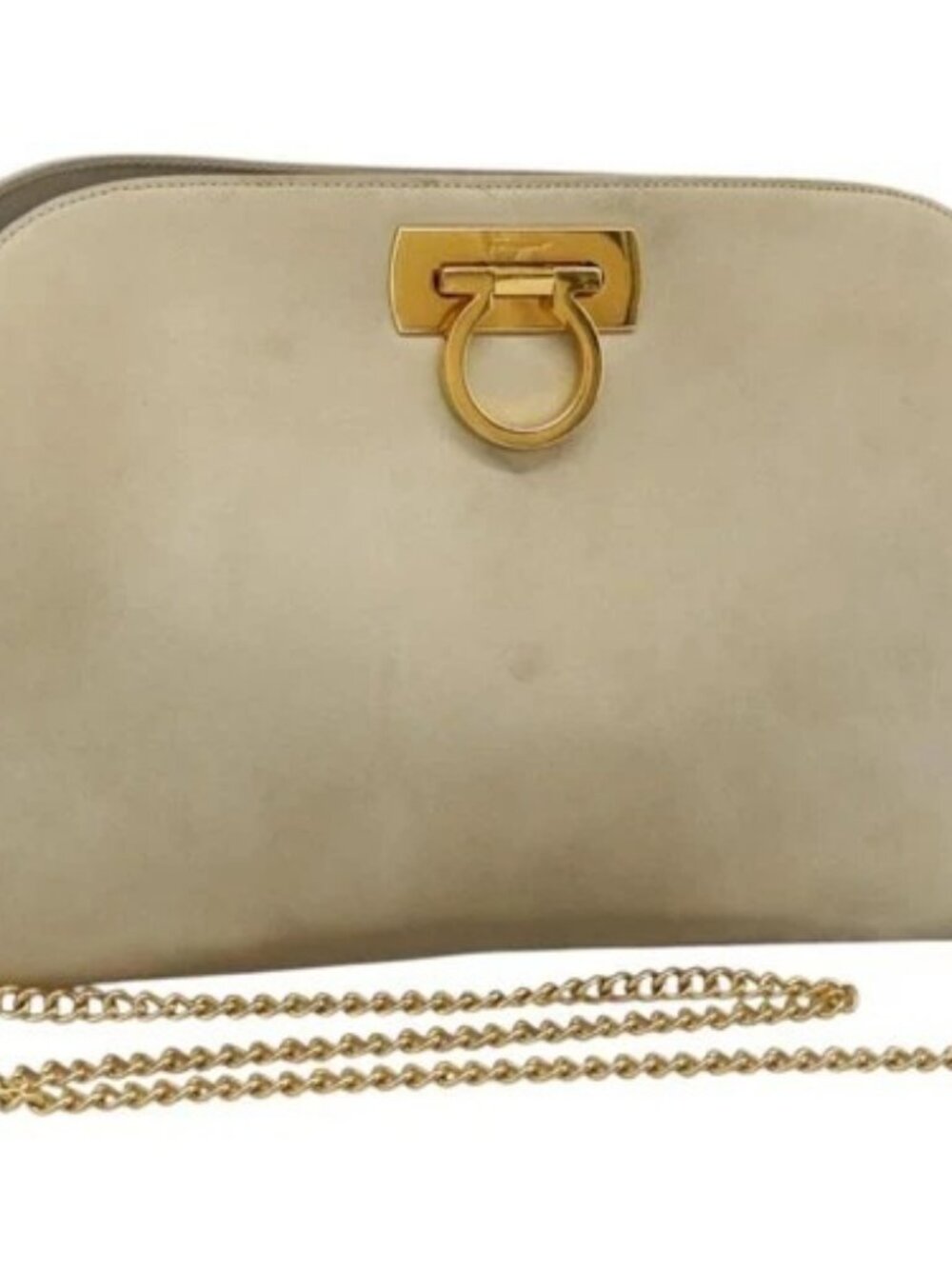 Salvatore Ferragamo Gancini Chain Shoulder Bag Suede Beige Gold Auth MY113